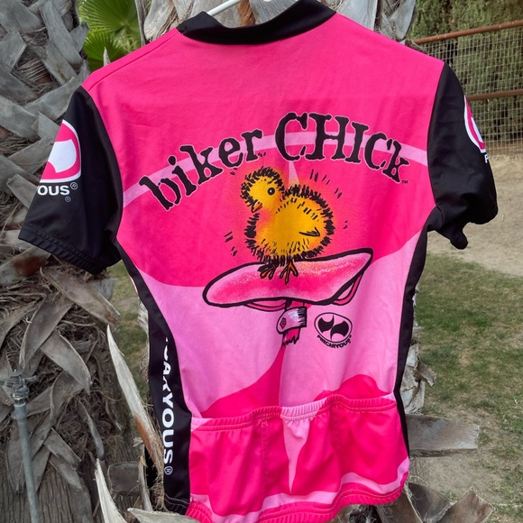 Women’s Biker Chick bicycle top back pockets Precaryous what is life size l - Picture 4 of 6